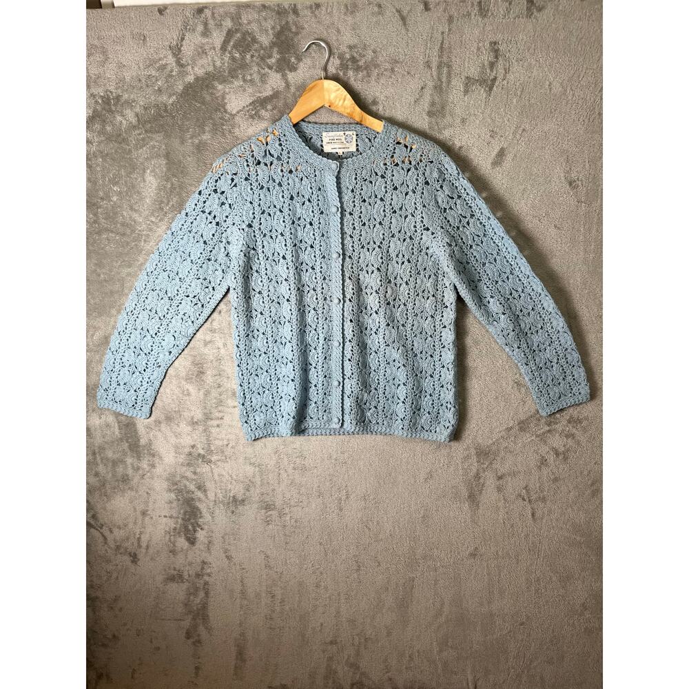 Vintage Hand Crocheted Wool Cardigan Blue Cottagecore Boho Grannycore‎ Dainty LG